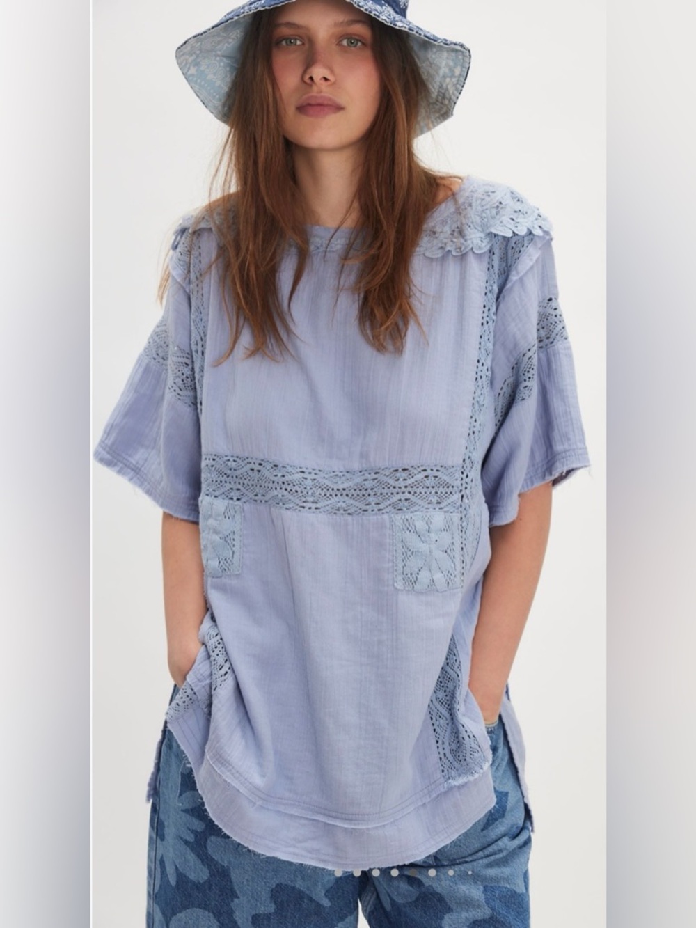 NWT Free People S Rustic Romance Top in Country Tide Blue Oversized New Cotton